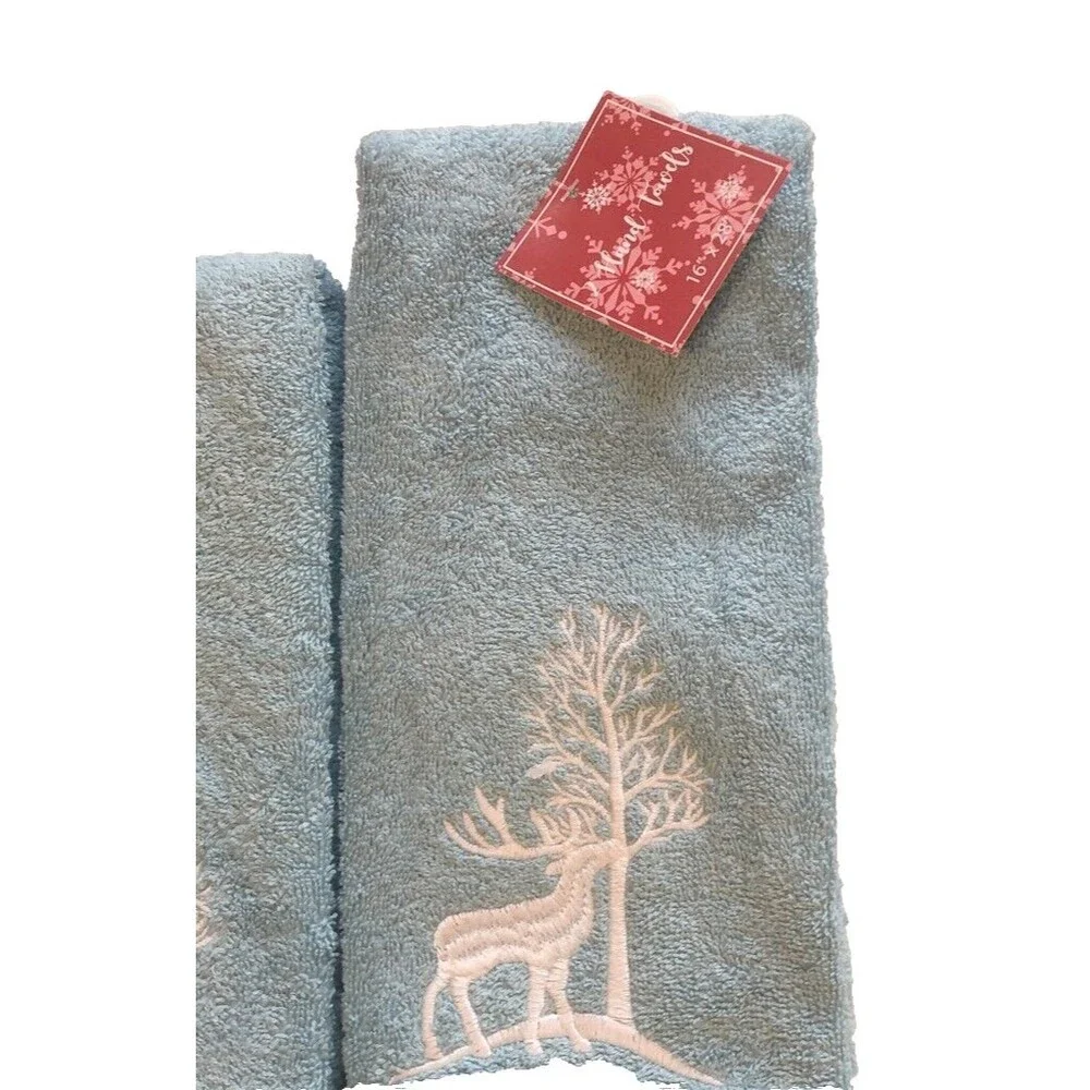 Christmas Tree Reindeer Hand Towels Holiday Embroidered Blue White Set of 2